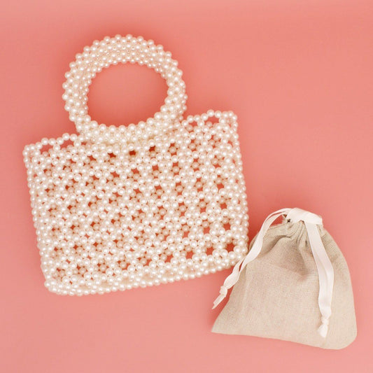 Top Handle Square Cream Pearl Woven Handbag