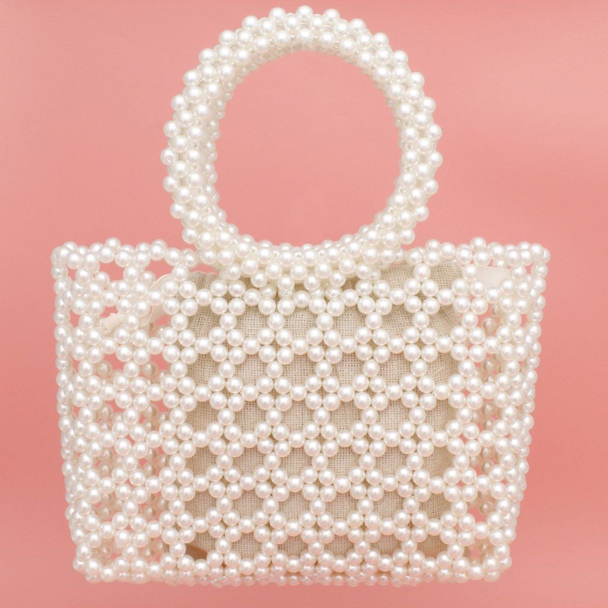 Top Handle Square Cream Pearl Woven Handbag