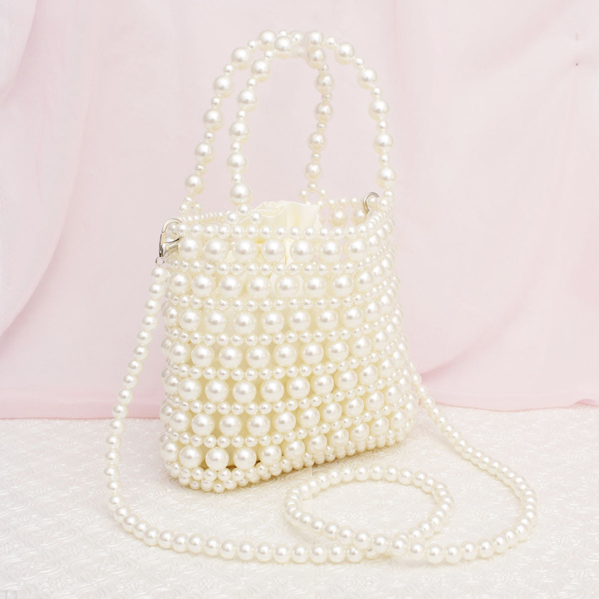 Top Handle Vintage Woven Cream Pearl Crossbody Bag