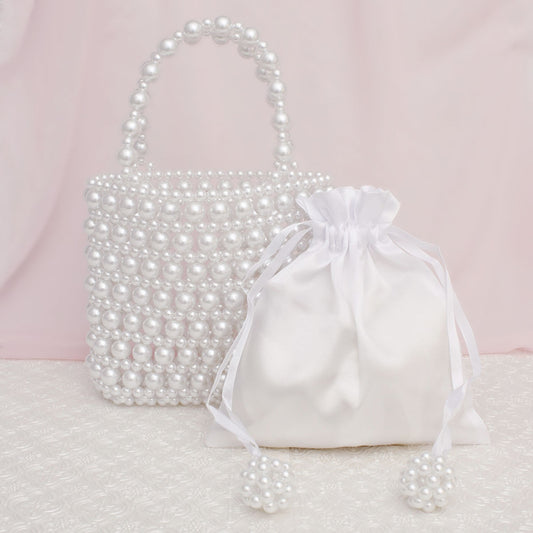 Top Handle Vintage Woven White Pearl Crossbody Bag