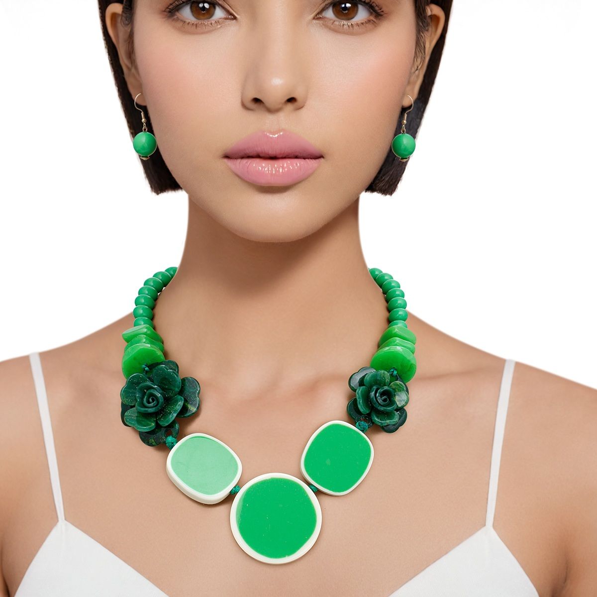 Beaded Artistic Green Flower Statement Necklace