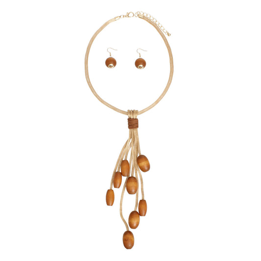 Tassel Gold Mesh Brown Wooden Bead Necklace