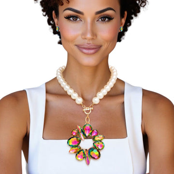 Toggle Pearl Pink Green Crystal Pendant Necklace