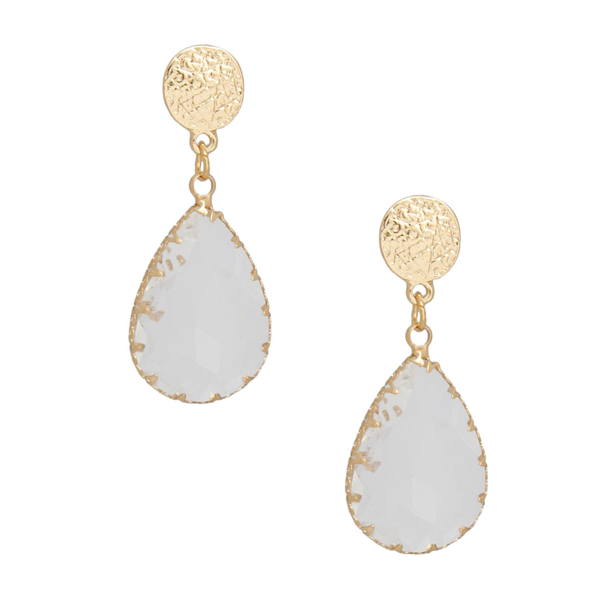 Teardrop Scratched Gold Clear Glass Drop Earrings