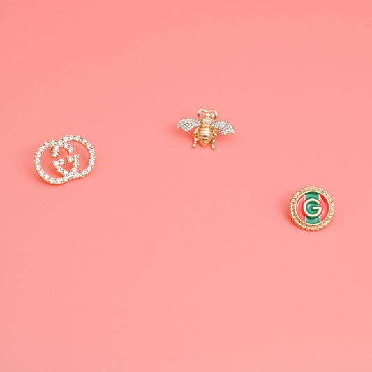 3pcs Bee and G Studs - Clear and Gold