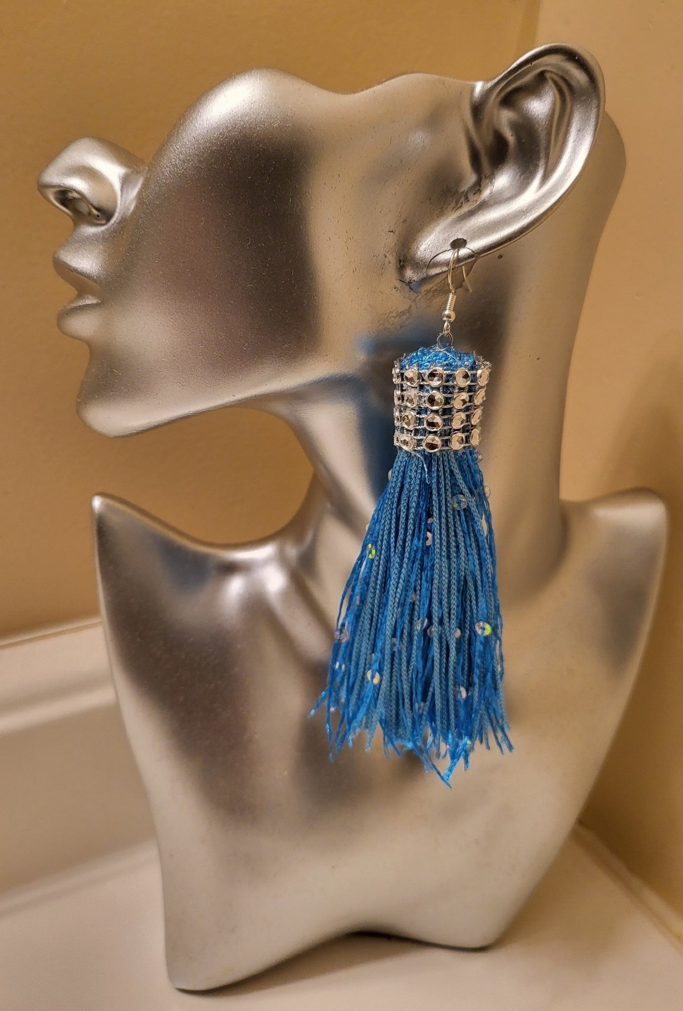 BLUE SQUENCE FRINGE EARRINGS