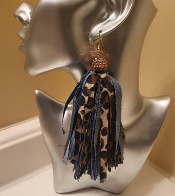 DENIM AND LEOPARD FRINGE EARRINGS