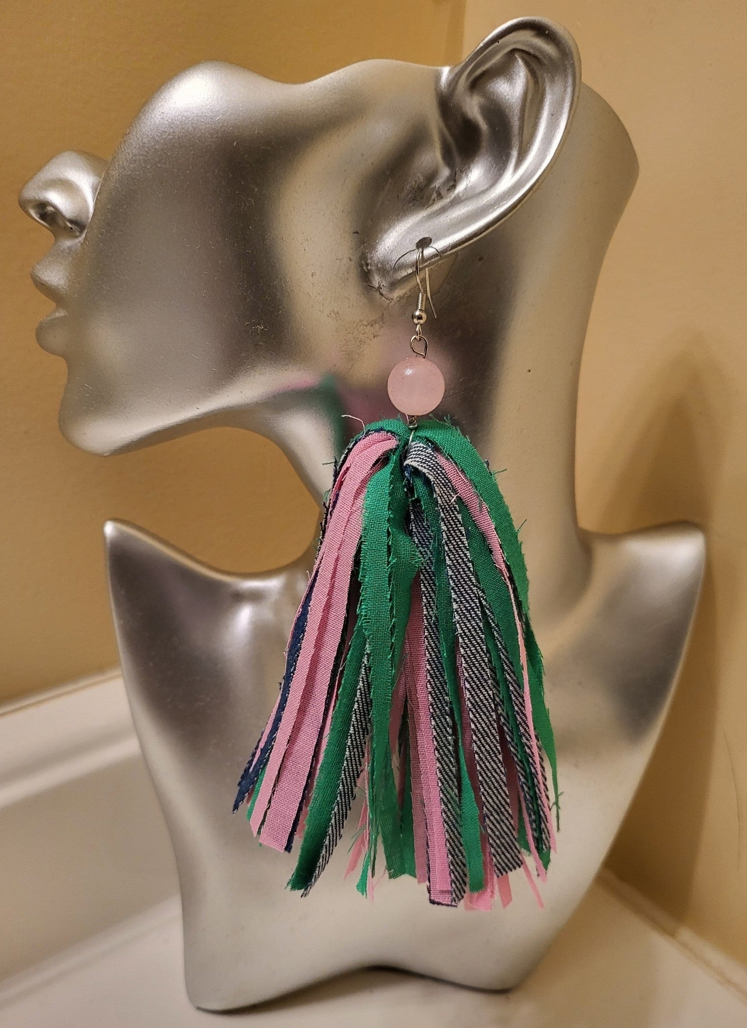 DENIM PINK AND GREEN FRINGE EARRINGS