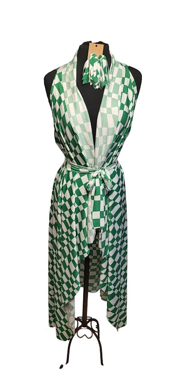 LONG GREEN AND WHITE CHECKERED NO STITCH CARDIGAN WITH BELT AND EARRINGS