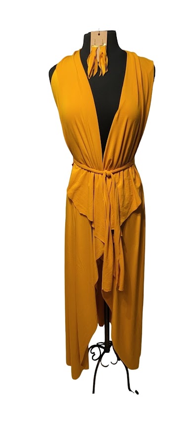 LONG MUSTARD NO STITCH CARDIGAN WITH BELT AND EARRINGS