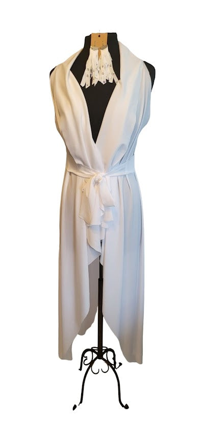 LONG WHITE NO STITCH CARDIGAN WITH BELT AND EARRINGS WITH RHINESTONES