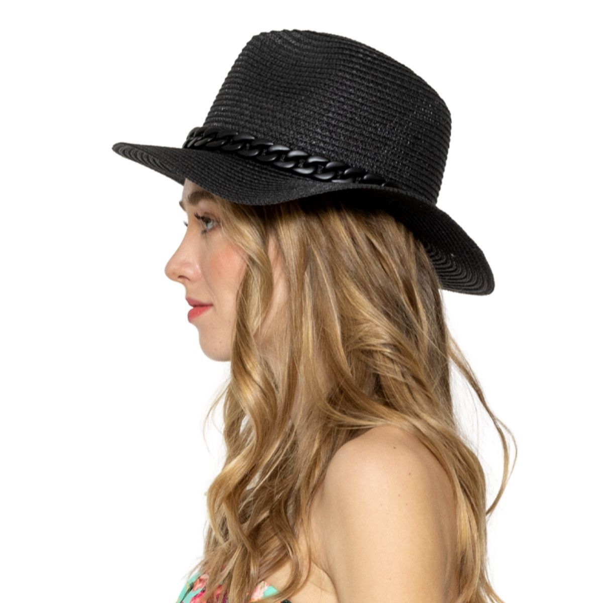 Black Chain Band Fedora Panama Hat