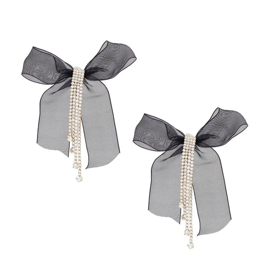 Tassel Black Ribbon Bow Sparkling Fringe Earrings