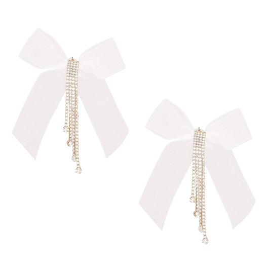 Tassel White Ribbon Bow Sparkling Fringe Earrings