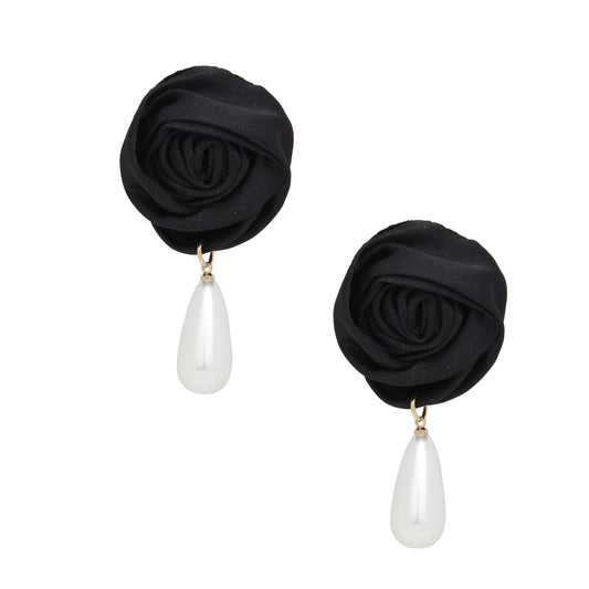 Stud Black Rose White Pearl Teardrop Earrings