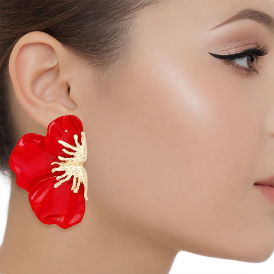 Studs Red Crimson Bloom Triple Petal Earrings