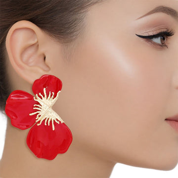 Studs Red Tropical Bloom Triple Petal Earrings