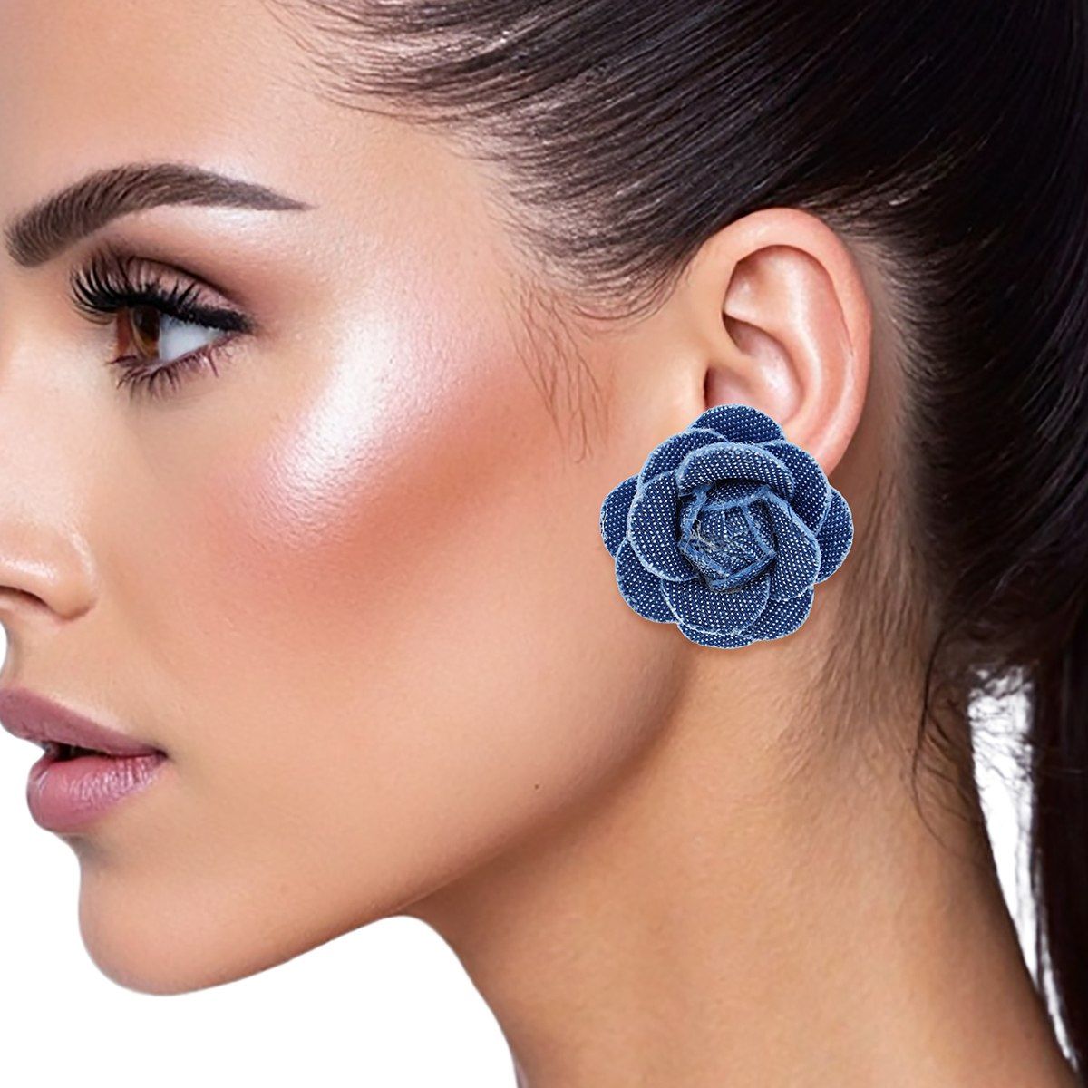 Stud Denim Dimensional Flower Earrings for Women