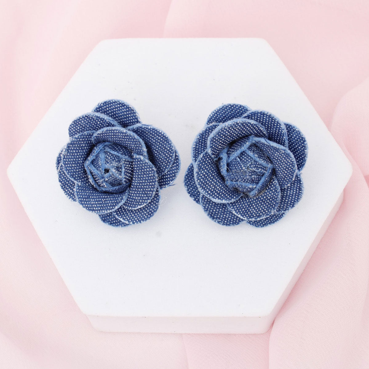 Stud Denim Dimensional Flower Earrings for Women