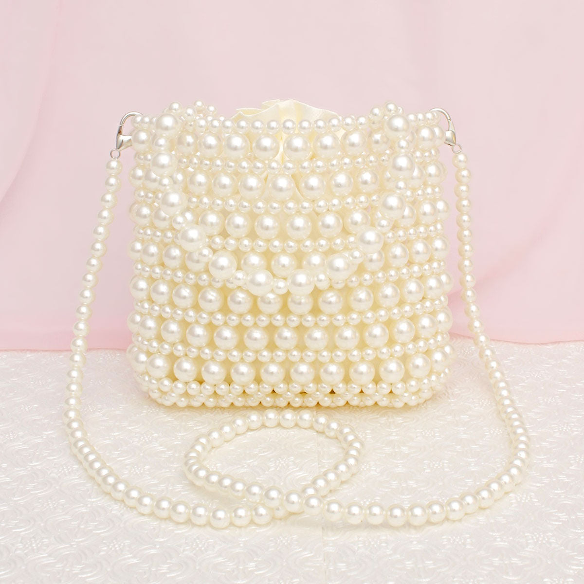 Top Handle Vintage Woven Cream Pearl Crossbody Bag
