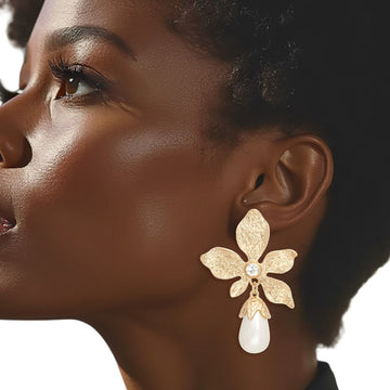 Teardrop Gold Flower Pearl Drop Earrings Women