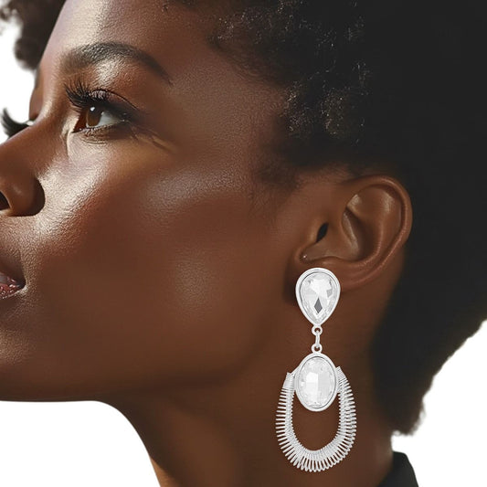 Teardrop Silver Crystal Coiled Wire Earrings Women