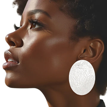 Stud Silver Metal Scratched Oval Plate Earrings