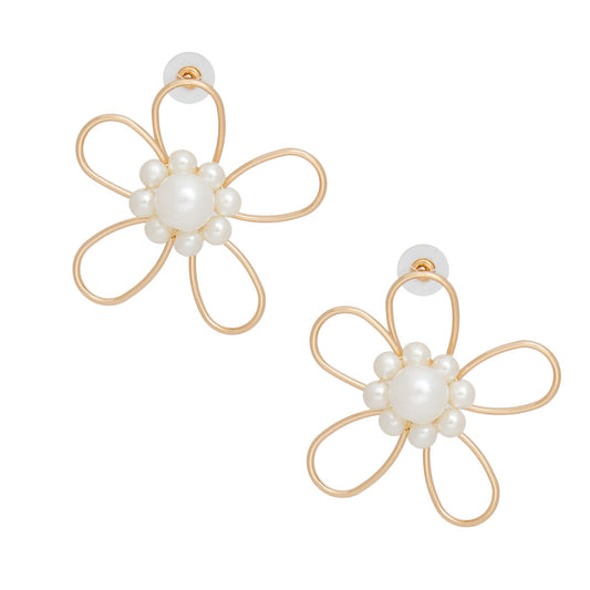 Studs Handmade Gold Wire Flower Pearl Earrings