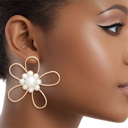 Studs Handmade Gold Wire Flower Pearl Earrings