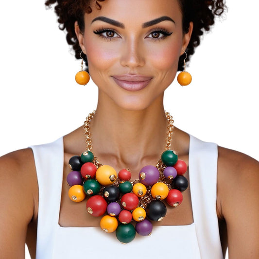 Bib Multicolor Wood Bead Cluster Necklace Women