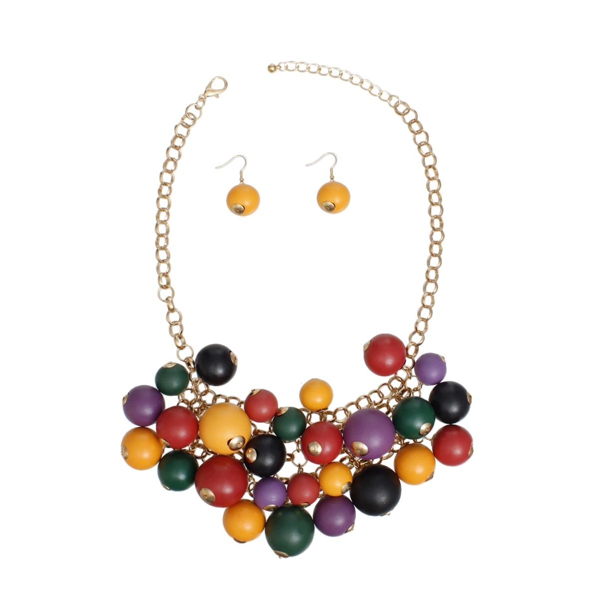 Bib Multicolor Wood Bead Cluster Necklace Women