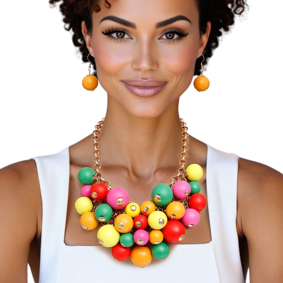 Bib Rainbow Wood Bead Cluster Necklace Women