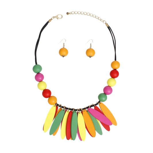 Bib Oval Wood Bead Rainbow Necklace for Women