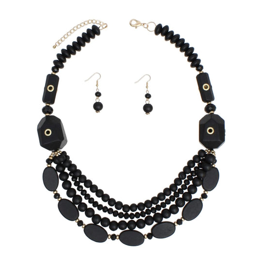 Beaded Eco-Chic Black Geo Wood Layered Necklace
