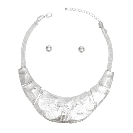 Bib Silver Scratched Plate Heavy Duty Necklace