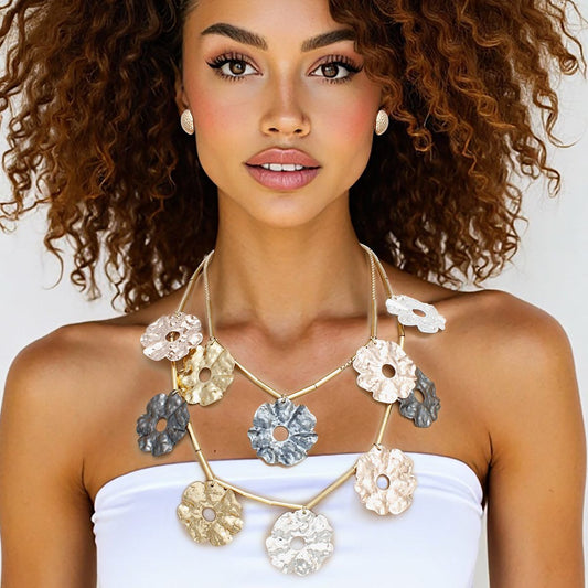 Statement Mixed Metal Wavy Disc Tube Necklace