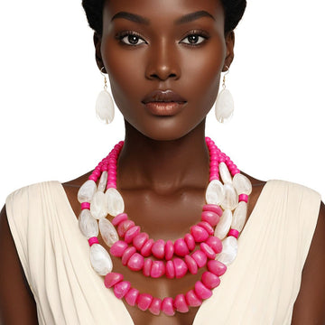 Beaded Fuchsia Stone 3 Layer Tribal Necklace Set