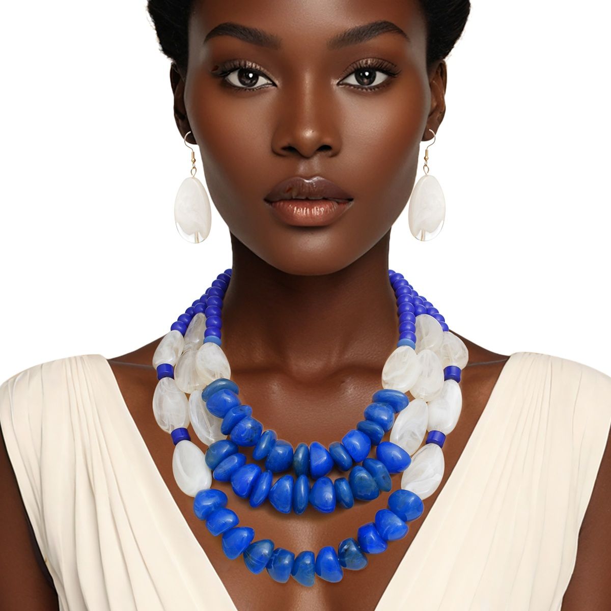 Beaded Royal Blue Stone 3 Layer Tribal Necklace