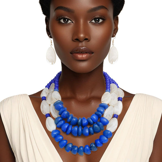 Beaded Royal Blue Stone 3 Layer Tribal Necklace