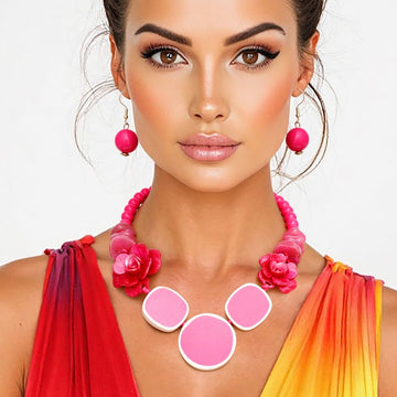 Beaded Artistic Fuchsia Flower Statement Necklace