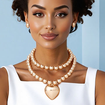 Beaded Gold Heart Pendant Double Necklace Set