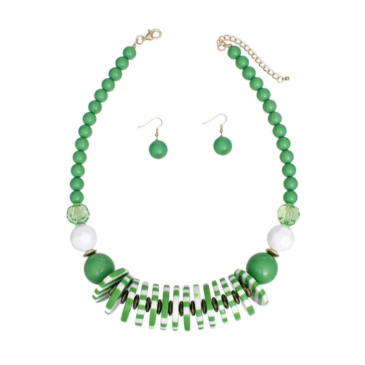 Beaded Funky Green and White Disc Necklace Set
