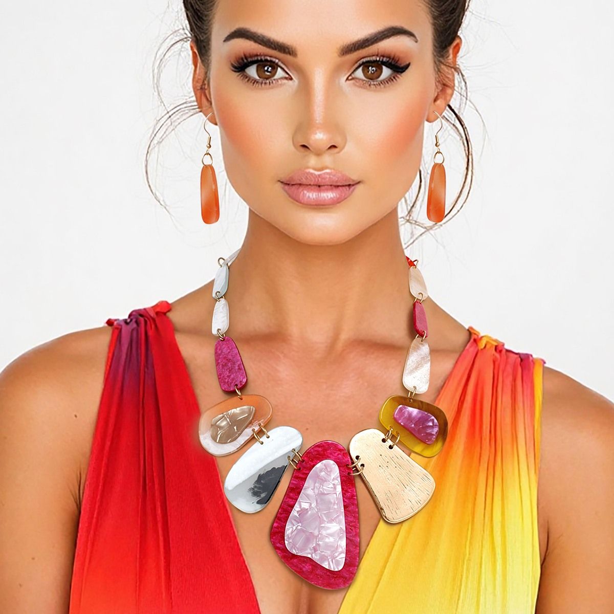 Bib Marbled Multicolor Link Necklace for Women