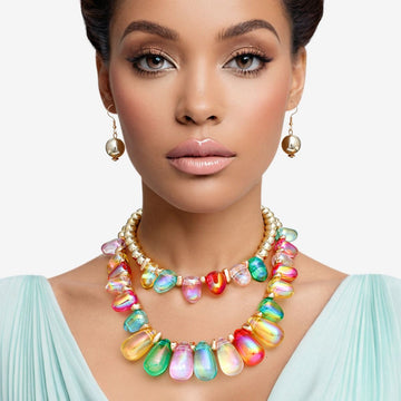 Beaded Multi Iridescent Teardrop Bead Necklace