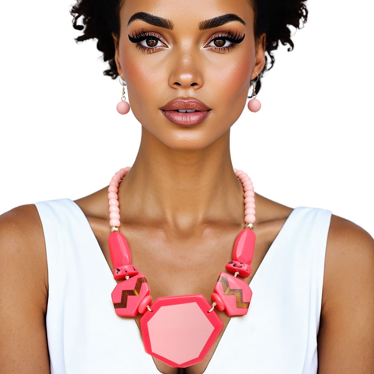 Beaded Pendant Pink 70's Vibe Necklace for Women