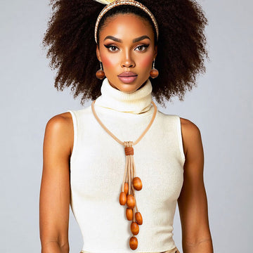 Tassel Gold Mesh Brown Wooden Bead Necklace