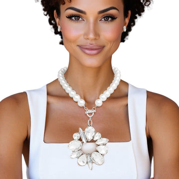 Toggle White Pearl Clear Crystal Pendant Necklace