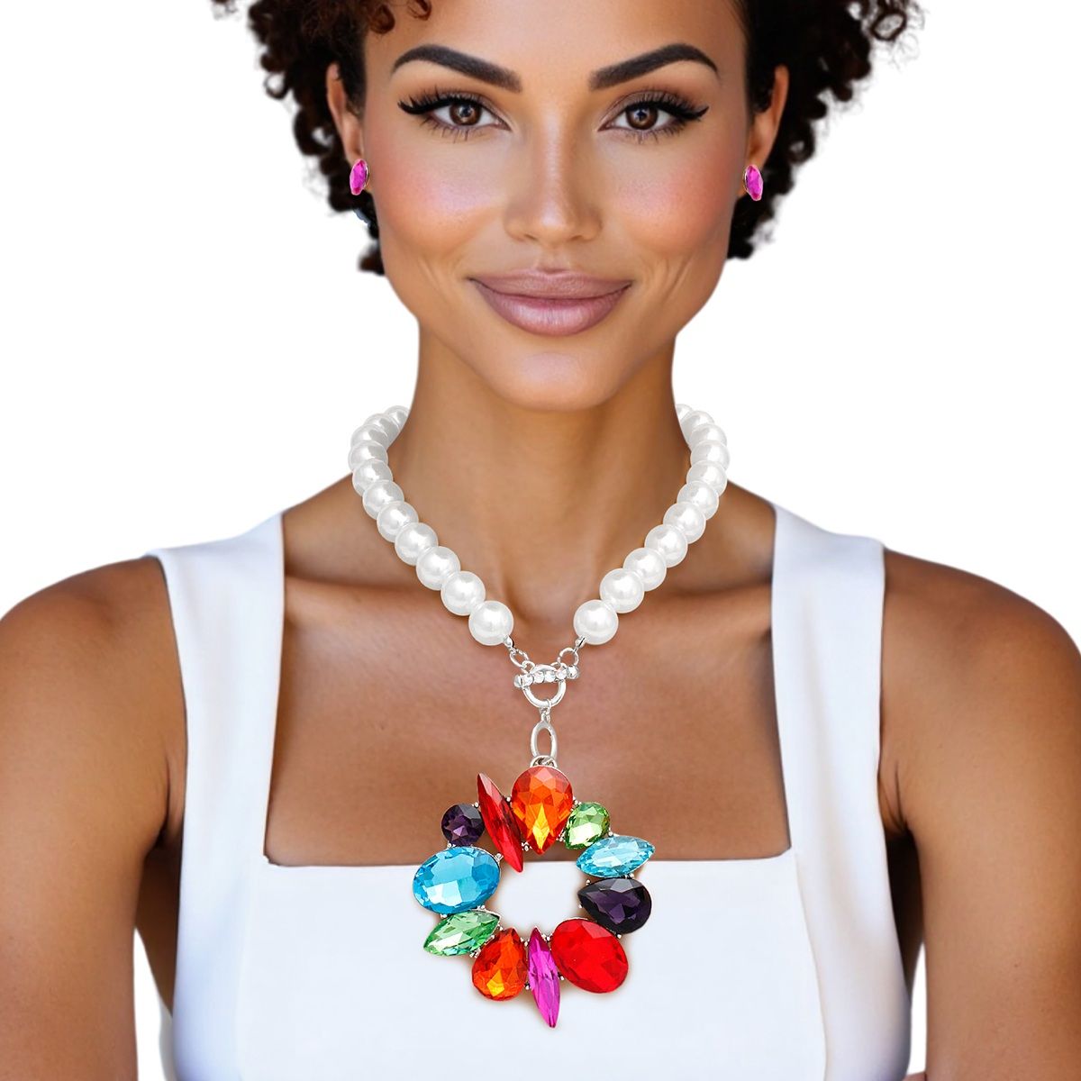Toggle Pearl Multicolor Crystal Pendant Necklace