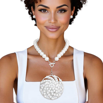 Toggle Silver Swirled Circle Chunky Pearl Necklace