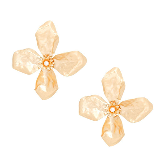 Studs Large Matte Gold Sculptured Flower Earrings